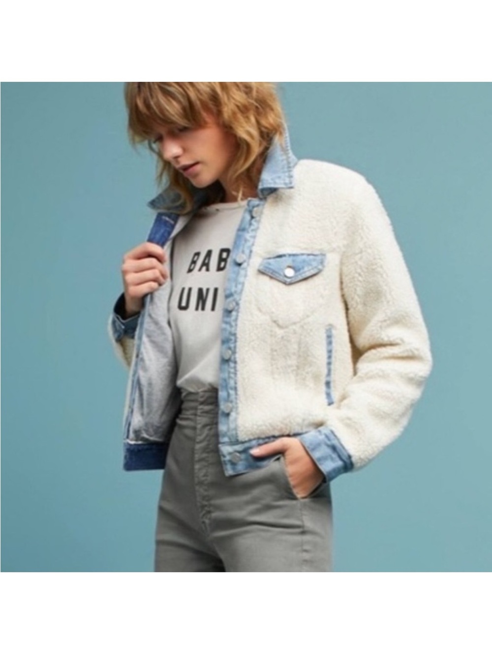 Wild Fable Faux Sherpa & Denim Trucker Jacket White & Denim Small
